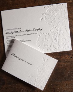 Wedding invitation and thank you card letterpress printed in black and blind debossed